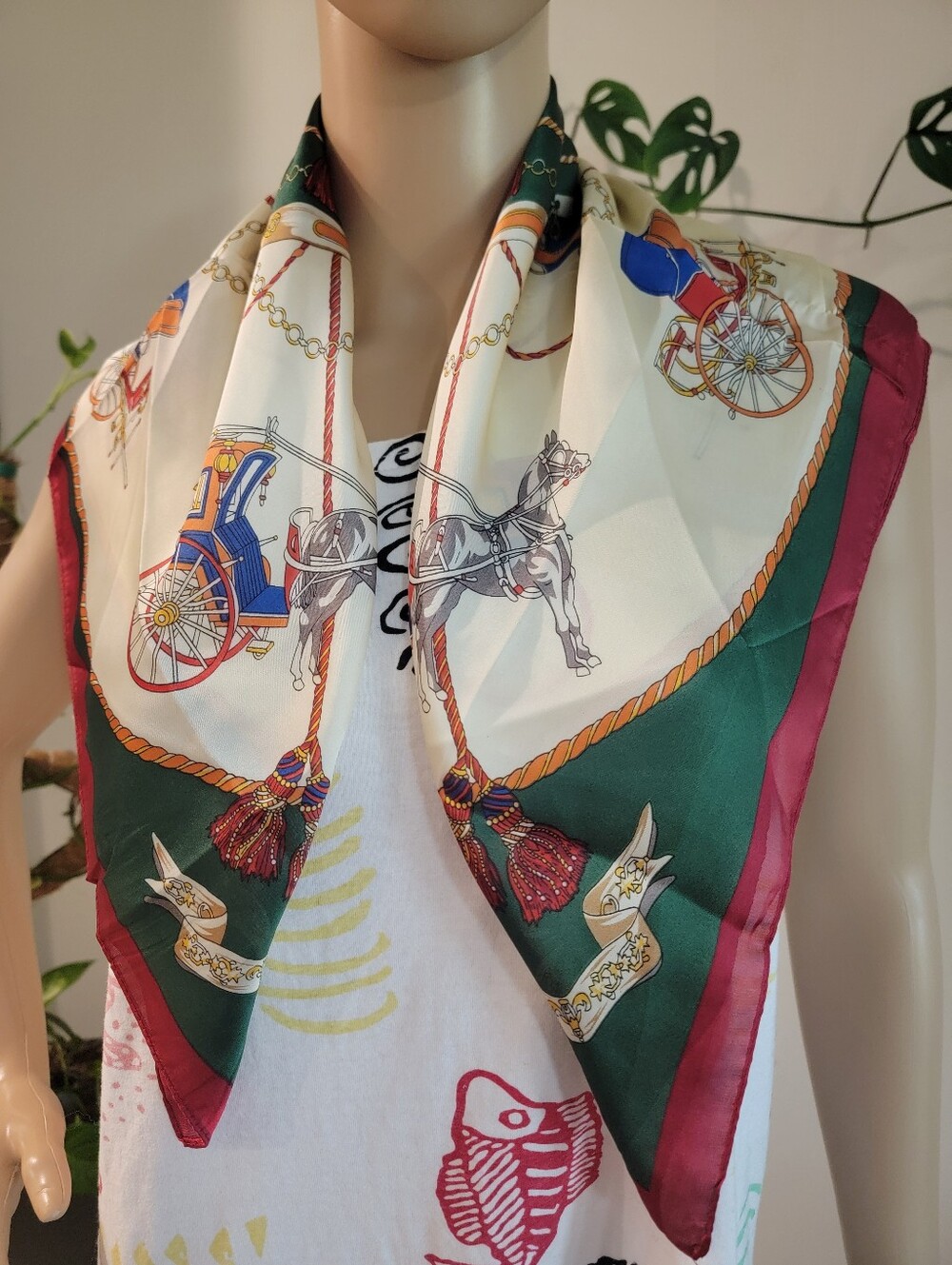 Equestrian Print Scarf in Green & Burgundy